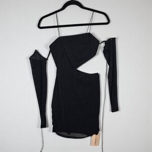 SHEINBAE‎ Black Glitter Cut Out Bodycon Mini Dress Spaghetti Strap Woman Small